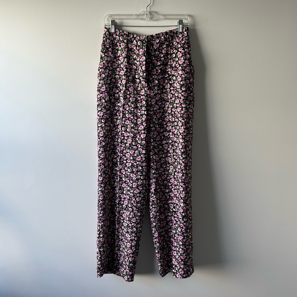 Zara Black Floral Wide-Leg Pants with Pink and Green Flowers